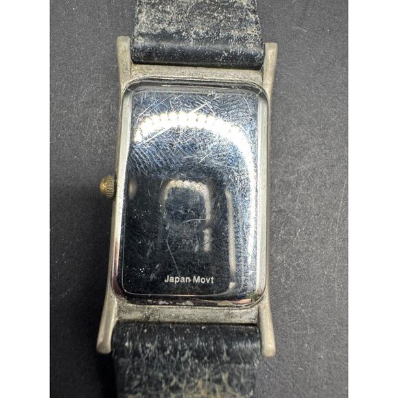 White Pearlized Dial Silver Tone Rectangle Case Black Leather Band Watch main image 4